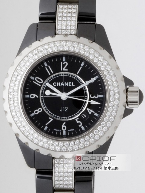 シャネルJ12 スーパーコピーH1338 33mm ブラックセラミックブレス ダイヤベゼル センターダイヤブレス ブラック/センターHイヤ