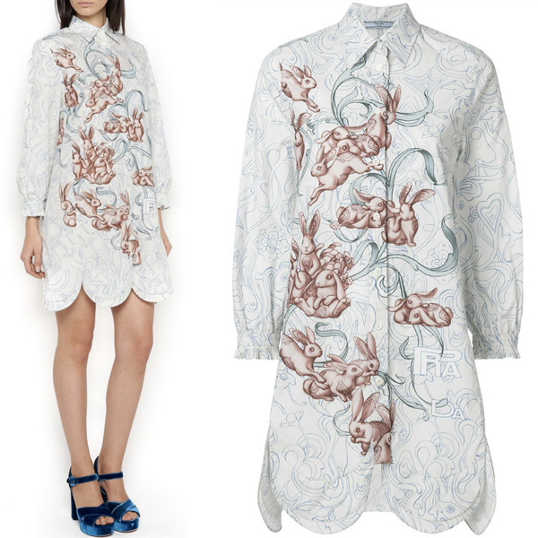 プラダ ラビット ワンピース P430C 1QK F0384 RABBIT &amp; LILY PRINTED SHIRT DRESS WITH TULIP HEM スーパーコピー