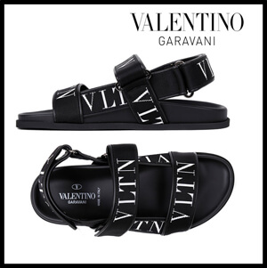 ★VALENTINO★BLACK VLTN STRAP SANDAL★ヴァレンティノ ガラヴァーニ カーフスキンサンダル コピー カーフスキン x VLTNジャカードリボン サンダル